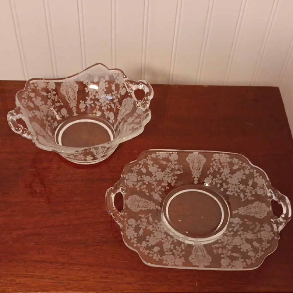 Vintage Cambridge Rose Point pattern bowl with underplate
